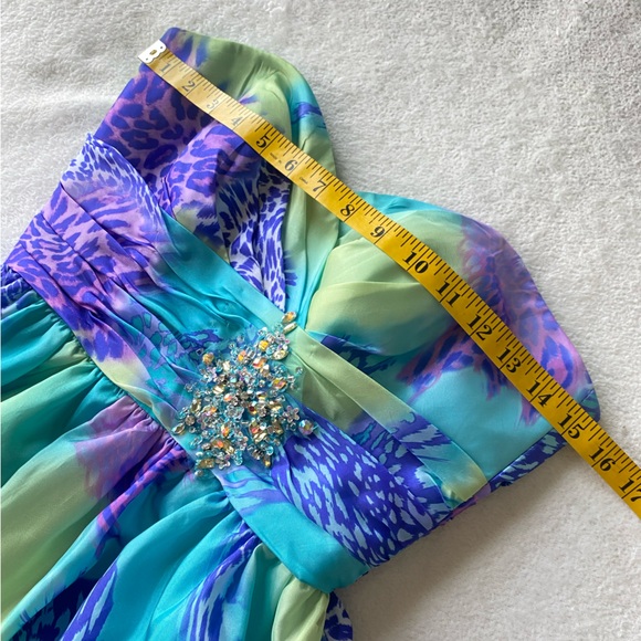 Mori Lee Sticks & Stones Teal/Purple Leopard Bubble Hem Mini Dress, size 3/4 - Picture 13 of 16